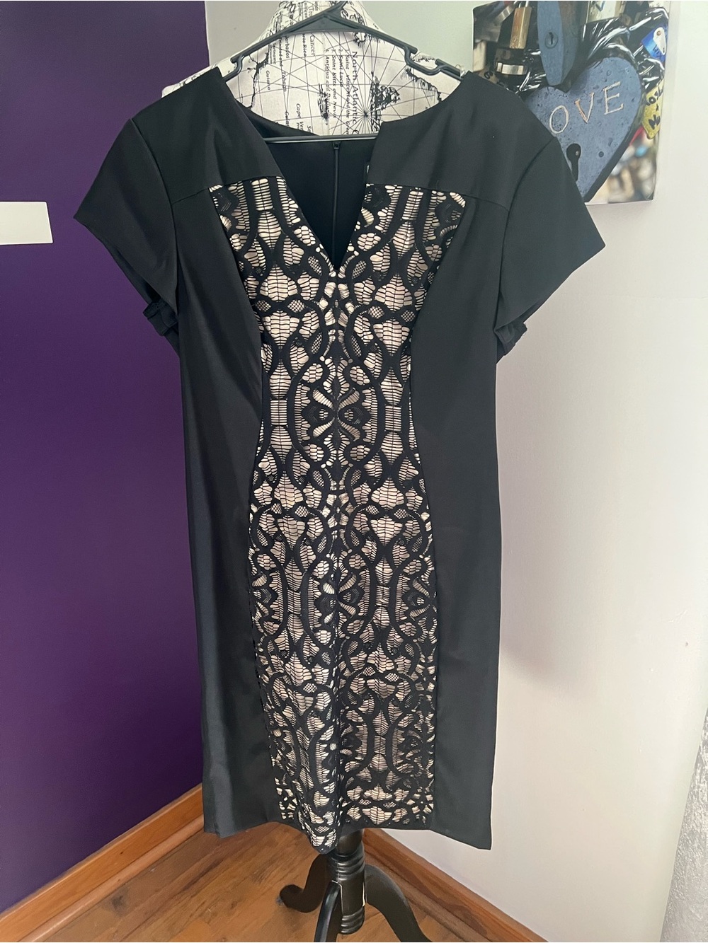 7 for $30 dressbarn Black Lace-Overlay Midi Dress with Nude Lining